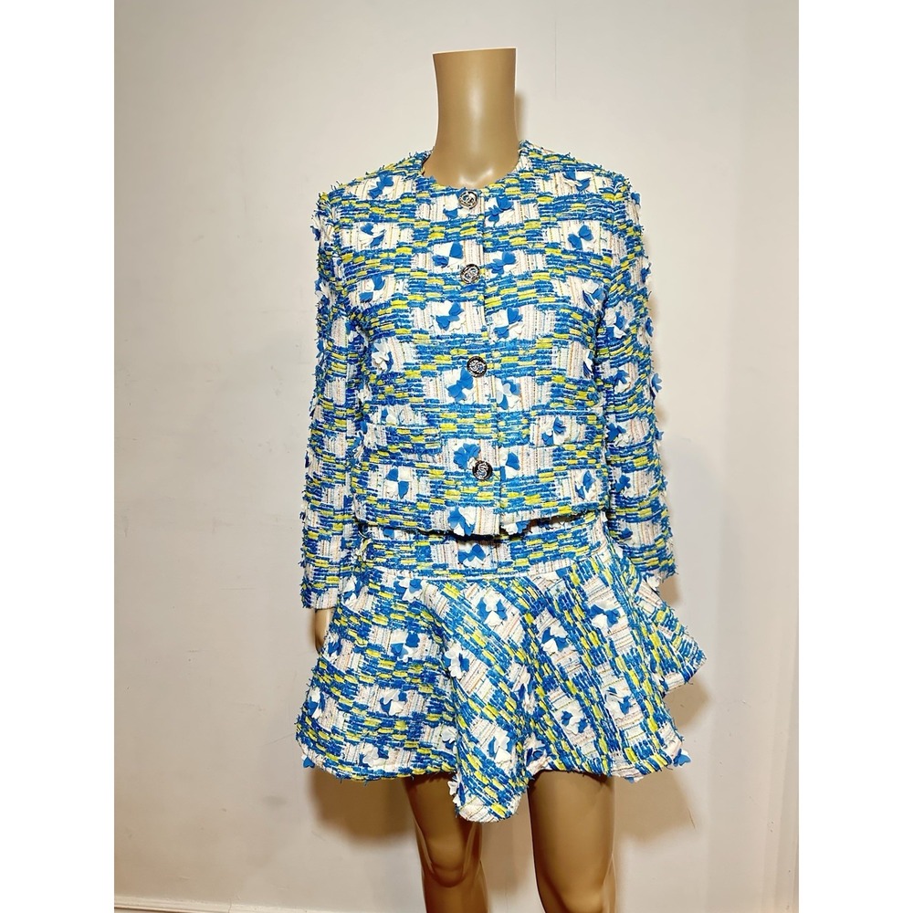 CHANEL Tweed Jacket Skirt Set Blue Yellow White Floral CC Buttons Made in France